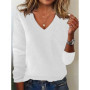 Women's V-neck Sweater Elegant Long Sleeve Ribbed Trim Pullover Solid Knit Wool Base Top for Wear