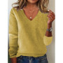 Women's V-neck Sweater Elegant Long Sleeve Ribbed Trim Pullover Solid Knit Wool Base Top for Wear