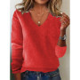 Women's V-neck Sweater Elegant Long Sleeve Ribbed Trim Pullover Solid Knit Wool Base Top for Wear