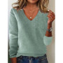 Women's V-neck Sweater Elegant Long Sleeve Ribbed Trim Pullover Solid Knit Wool Base Top for Wear