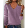 Women's V-neck Sweater Elegant Long Sleeve Ribbed Trim Pullover Solid Knit Wool Base Top for Wear