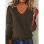 Women's V-neck Sweater Elegant Long Sleeve Ribbed Trim Pullover Solid Knit Wool Base Top for Wear