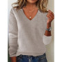 Women's V-neck Sweater Elegant Long Sleeve Ribbed Trim Pullover Solid Knit Wool Base Top for Wear