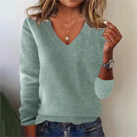 Women's V-neck Sweater Elegant Long Sleeve Ribbed Trim Pullover Solid Knit Wool Base Top for Wear