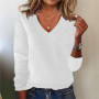 Women's V-neck Sweater Elegant Long Sleeve Ribbed Trim Pullover Solid Knit Wool Base Top for Wear