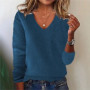 Women's V-neck Sweater Elegant Long Sleeve Ribbed Trim Pullover Solid Knit Wool Base Top for Wear