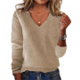 Women's V-neck Sweater Elegant Long Sleeve Ribbed Trim Pullover Solid Knit Wool Base Top for Wear