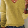 Women's V-neck Sweater Elegant Long Sleeve Ribbed Trim Pullover Solid Knit Wool Base Top for Wear