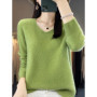Fashion100 Merino Wool Sweater Cashmere Pullover Women Knitwear V-Neck Long Sleeve Autumn Winter Fashion Basic Clothing Tops