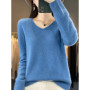 Fashion100 Merino Wool Sweater Cashmere Pullover Women Knitwear V-Neck Long Sleeve Autumn Winter Fashion Basic Clothing Tops