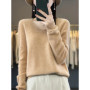 Fashion100 Merino Wool Sweater Cashmere Pullover Women Knitwear V-Neck Long Sleeve Autumn Winter Fashion Basic Clothing Tops