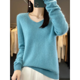 Fashion100 Merino Wool Sweater Cashmere Pullover Women Knitwear V-Neck Long Sleeve Autumn Winter Fashion Basic Clothing Tops