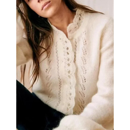Women Lace Stitching Sweater Mohair Wool Temperament Hollow out Long Sleeve Female Knitted Cardigan