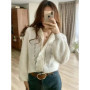 Women Lace Stitching Sweater Mohair Wool Temperament Hollow out Long Sleeve Female Knitted Cardigan