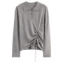 FSLE 2025 Spring Women's Solid Color Polo Collar Long Sleeve Knit Top Adjustable Waist Drawstring - Office Ready Casual Pullover