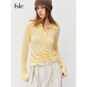 FSLE 2025 Spring Women's Solid Color Polo Collar Long Sleeve Knit Top Adjustable Waist Drawstring - Office Ready Casual Pullover