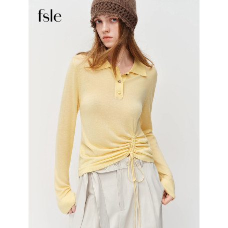 FSLE 2025 Spring Women's Solid Color Polo Collar Long Sleeve Knit Top Adjustable Waist Drawstring - Office Ready Casual Pullover