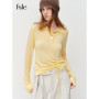 FSLE 2025 Spring Women's Solid Color Polo Collar Long Sleeve Knit Top Adjustable Waist Drawstring - Office Ready Casual Pullover