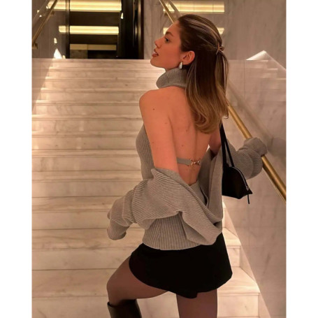 Women's Grey Turtleneck Backless Knitted Sweater Sleeveless Vest Pulls Tops Winter Spring Clothing Pink Blue Black Brown White