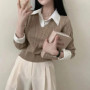 Korean Chic Spring and Autumn Age-Reducing Sweaters Retro Temperament Preppy Fake Two Pieces Shirts Twist Knit Women's Y2k Tops