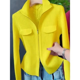 Spring Autumn Women Knitted Sweater Cardigan Short Jacket 2026 New Korean Fashion Zipper Solid Turn-Down Knit Coat Female Tops