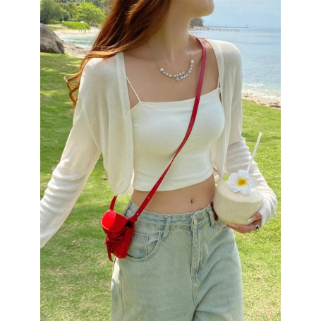 AOSSVIAO 2025 White Tie Up Summer Cardigan Women Sexy Long Sleeve Sheer Thin Crop Tops Woman Chic All Match Short T Shirt Mujer