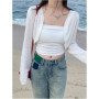 AOSSVIAO 2025 White Tie Up Summer Cardigan Women Sexy Long Sleeve Sheer Thin Crop Tops Woman Chic All Match Short T Shirt Mujer