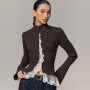 Women Knitted Cardigan Color Blocking Lace-Trim Flare Sleeve Single Breasted Stand Neck Slim Fit Sweater Female Spring Chic Tops