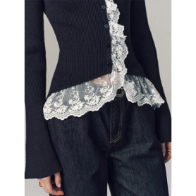 Women Knitted Cardigan Color Blocking Lace-Trim Flare Sleeve Single Breasted Stand Neck Slim Fit Sweater Female Spring Chic Tops