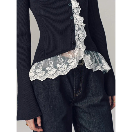 Women Knitted Cardigan Color Blocking Lace-Trim Flare Sleeve Single Breasted Stand Neck Slim Fit Sweater Female Spring Chic Tops