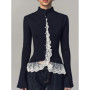 Women Knitted Cardigan Color Blocking Lace-Trim Flare Sleeve Single Breasted Stand Neck Slim Fit Sweater Female Spring Chic Tops