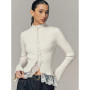 Women Knitted Cardigan Color Blocking Lace-Trim Flare Sleeve Single Breasted Stand Neck Slim Fit Sweater Female Spring Chic Tops