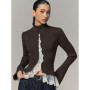 Women Knitted Cardigan Color Blocking Lace-Trim Flare Sleeve Single Breasted Stand Neck Slim Fit Sweater Female Spring Chic Tops