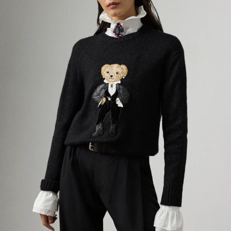 2025s Holiday Metallic Bear Sweater Cashmere Knit Pullover Autumn Winter Long Sleeve Women Knitwear Top Coat Relaxed Fit Clothes