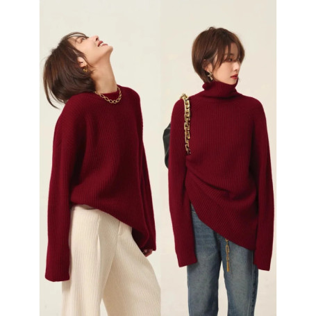 Turtleneck 100 cashmere sweater women loose thickening age reduction niche vintage red crewneck sweater women long sleeves