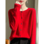 Women 100 Merino Wool Cardigan Soft O-Neck Cashmere Sweater OL Buttoned Knitwear Casual Top Clothing Korean Style