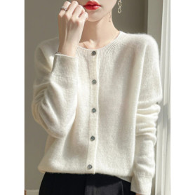 Women 100 Merino Wool Cardigan Soft O-Neck Cashmere Sweater OL Buttoned Knitwear Casual Top Clothing Korean Style