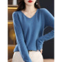 Women 100 Merino Wool Sweater V-Neck Basic Pullover Autumn Winter Cashmere Clothing Long Sleeve Soft Knitwear Tops Solid Color