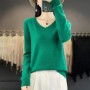 Women 100 Merino Wool Sweater V-Neck Basic Pullover Autumn Winter Cashmere Clothing Long Sleeve Soft Knitwear Tops Solid Color