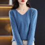 Women 100 Merino Wool Sweater V-Neck Basic Pullover Autumn Winter Cashmere Clothing Long Sleeve Soft Knitwear Tops Solid Color