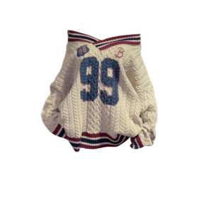 Oversized Korean Preppy Style Letter Print Loose Sweater Women Fashion V-Neck Design Straight Top Autumn Winter Elegant Pullover