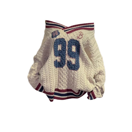 Oversized Korean Preppy Style Letter Print Loose Sweater Women Fashion V-Neck Design Straight Top Autumn Winter Elegant Pullover