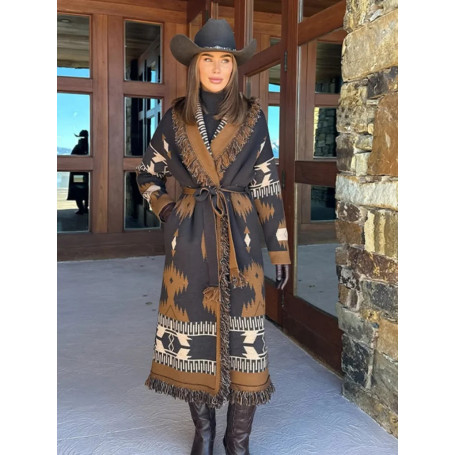 Tassel Patchwork Printed Belt Cardigan Women Turn-down Collar Long Sleeve Knitted Fashion Sweater Vintage Autumn 2025 Cardigans