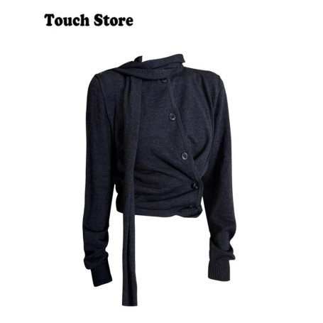 Winter Women Vintage Long Sleeve Korean Fashion Cardigan Tops Sweater Irregular Knitwear 2000s Aesthetic Design Shoujo Elegant