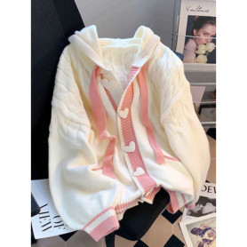 Cute Sweet Cardigan Sweaters Women Lazy Wind White Knitted Coats Long Sleeve Loose Female Japan Kawaii Elegant Hooded Tops