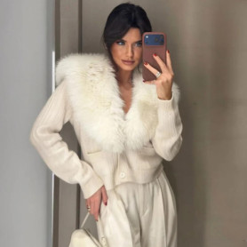 Tornova 2026 New Fur Collar Knitted Cardigan For Women Buttons Long Sleeve Solid Slim Sweater Outwear Female Commuting Cardigan