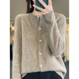 100 Merino Wool Knitwear O-neck Hollow Out Sweater For Women Cardigan Raglan Sleeve Spring Autumn Cashmere Popular Clothes Tops