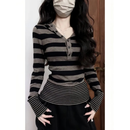 Autumn Women Korean Fashion Y2k Long Sleeve Hoodie Striped Jumper Shoujo Cuddly Sweater Knitwear 2000s Aesthetic Gyaru Coquette