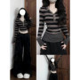 Autumn Women Korean Fashion Y2k Long Sleeve Hoodie Striped Jumper Shoujo Cuddly Sweater Knitwear 2000s Aesthetic Gyaru Coquette