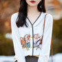 Spring And Autumn New Wool Coat Jacket Women's Long Sleeve Wide V-Neck Printed Stitching Sweater Thin Cardigan